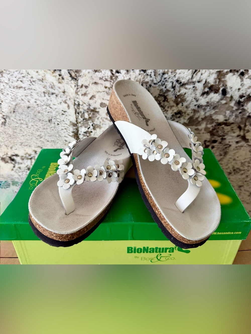 BioNatura Artic White Floral Cork-Platform Thong Sandals_Size 38EU/Size 7US